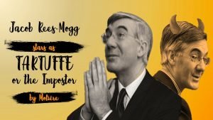 Jacob Rees Mogg appearig to pray, with further image of him sporting devil's horns in background