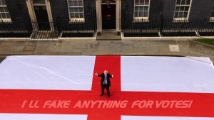 Johnson outside No. 10 on a giant St George flag