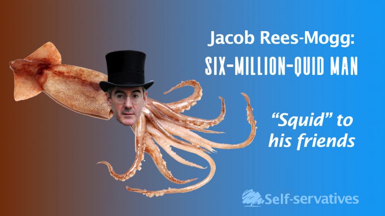 Meme of Rees-Mogg as Squid, the six million pound man