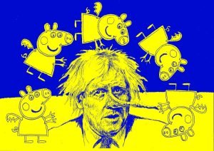 cartoon of Johnson with flying peppa pigs