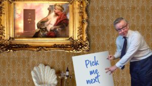 meme of Gove writing 'pick me next on a board in front of a painting of Johnson as Nero