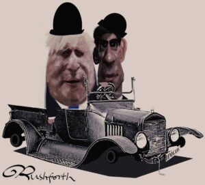 Cartoon of Johnson and Sunak in a clapped out car